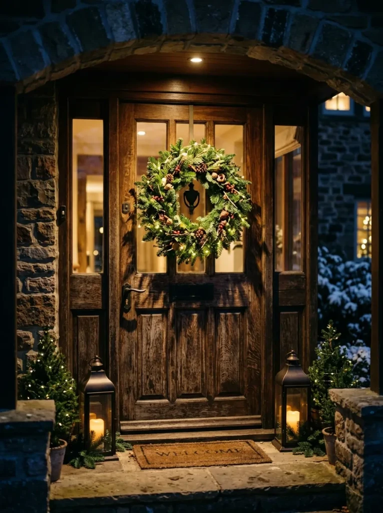 A Christmas wreath decorated with warm outdoor lights hanging on a front door at night