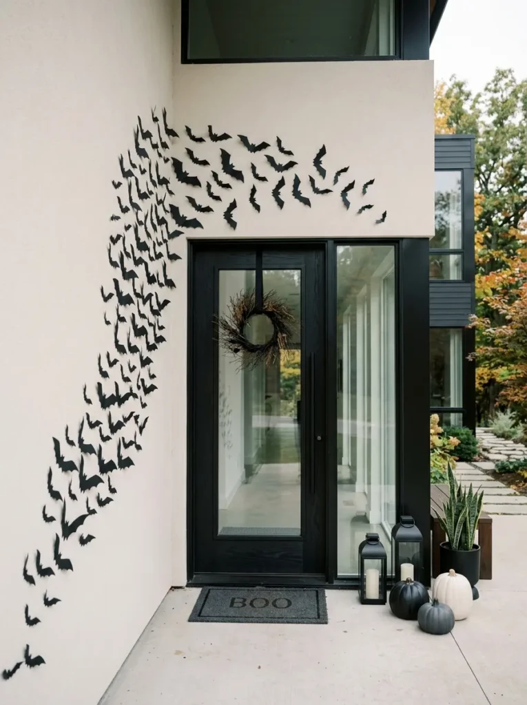 Black bat silhouettes arranged in a swirling pattern on a clean wall for a minimal and modern Halloween look