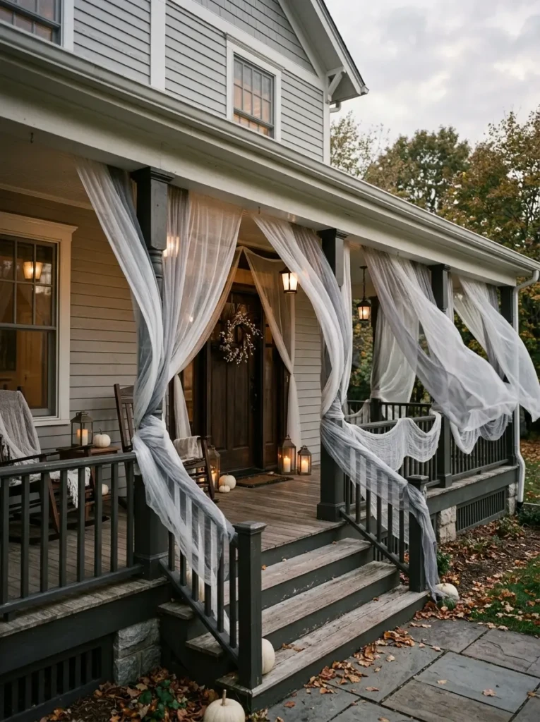 Front porch decorated with flowing gauze fabric in soft white and gray tones creating a subtle ghostly Halloween effect