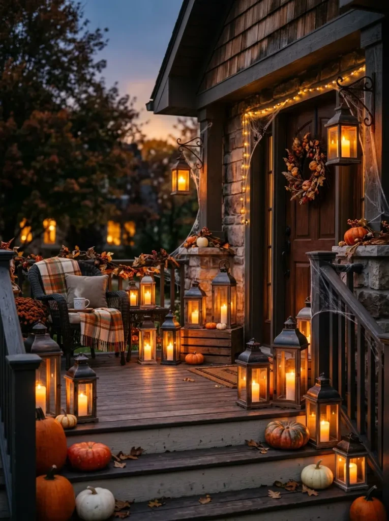 Front porch at dusk with glowing lanterns and candles creating a warm and inviting Halloween atmosphere