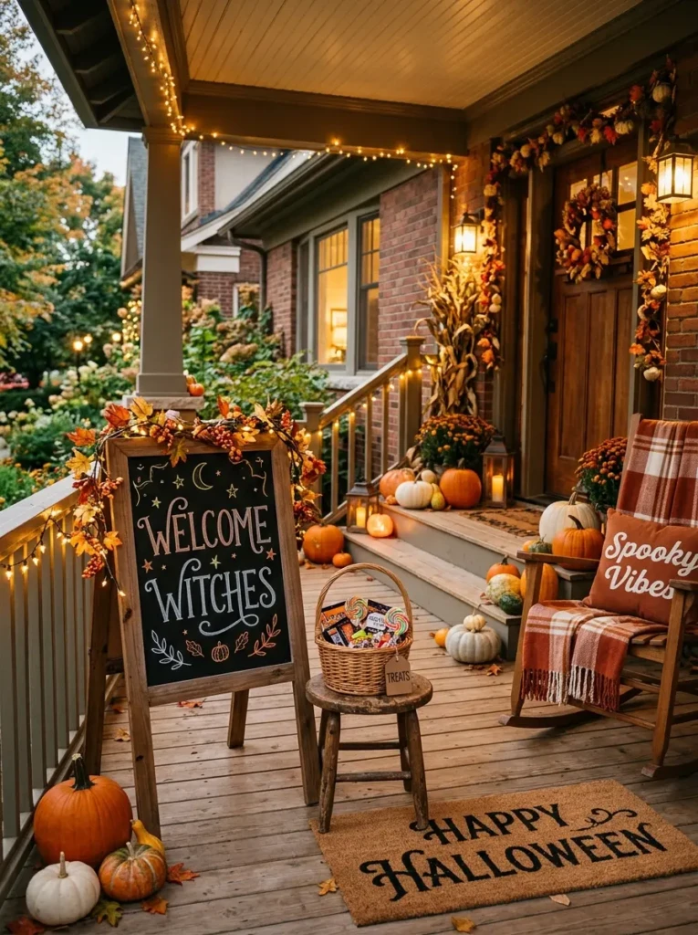 Front entrance with a chalkboard sign saying welcome witches, pumpkins, and a basket of treats in a cozy Halloween display