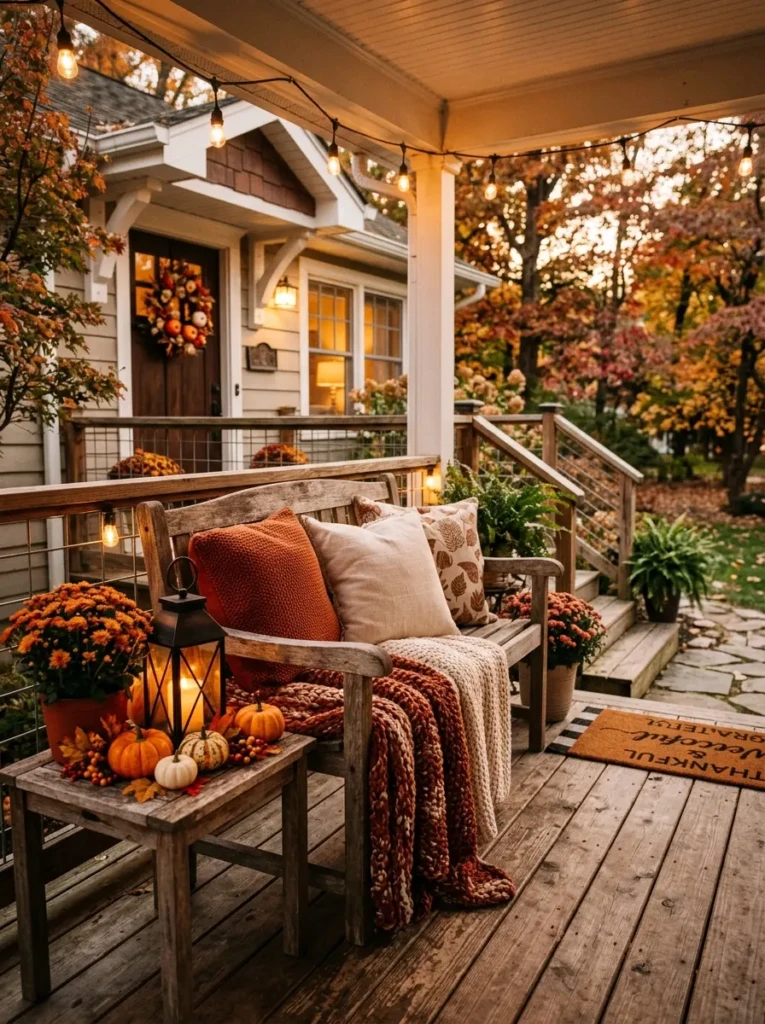 Front porch seating area with cushions, warm throw blanket, pumpkins, and lantern creating an inviting fall atmosphere