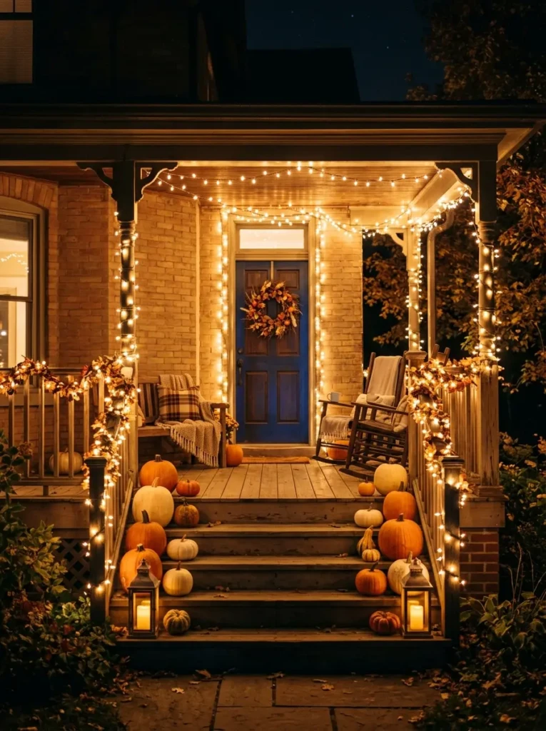 Front porch illuminated with warm white string lights wrapped around railings creating a cozy and magical evening ambiance