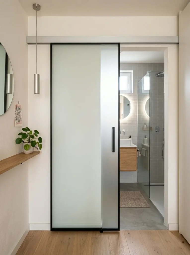 Frosted glass sliding door in a sleek and compact bathroom layout
