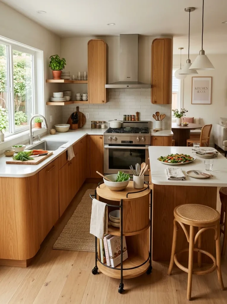 Rounded furniture edges, rolling cart, and uncluttered prep zones in a warm vintage kitchen.
