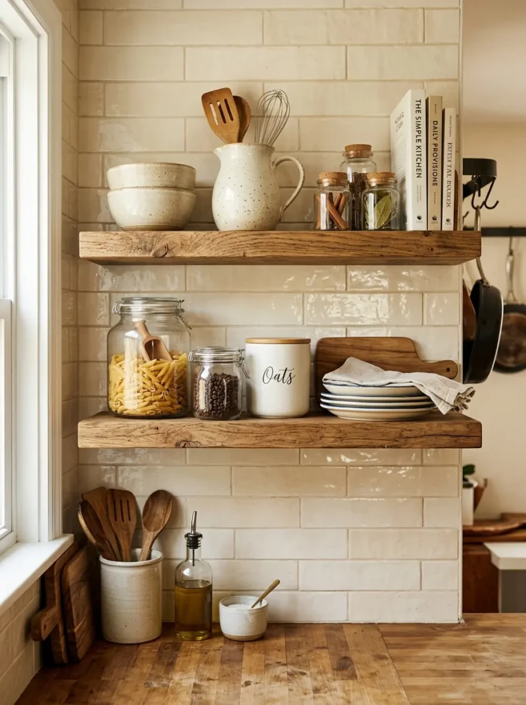 A practical floating kitchen shelf styled with wood, glass, and ceramic accents against a warm backsplash.