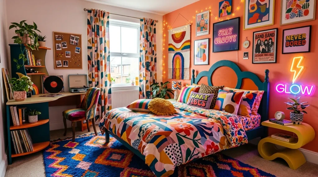 Funky bedroom with colorful wall art, mixed patterns, playful rug, and creative lighting.