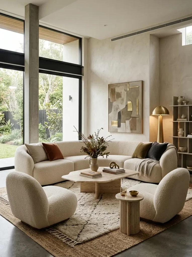 Stylish contemporary living room furniture with curved chairs, modular sofa, and stone coffee table.