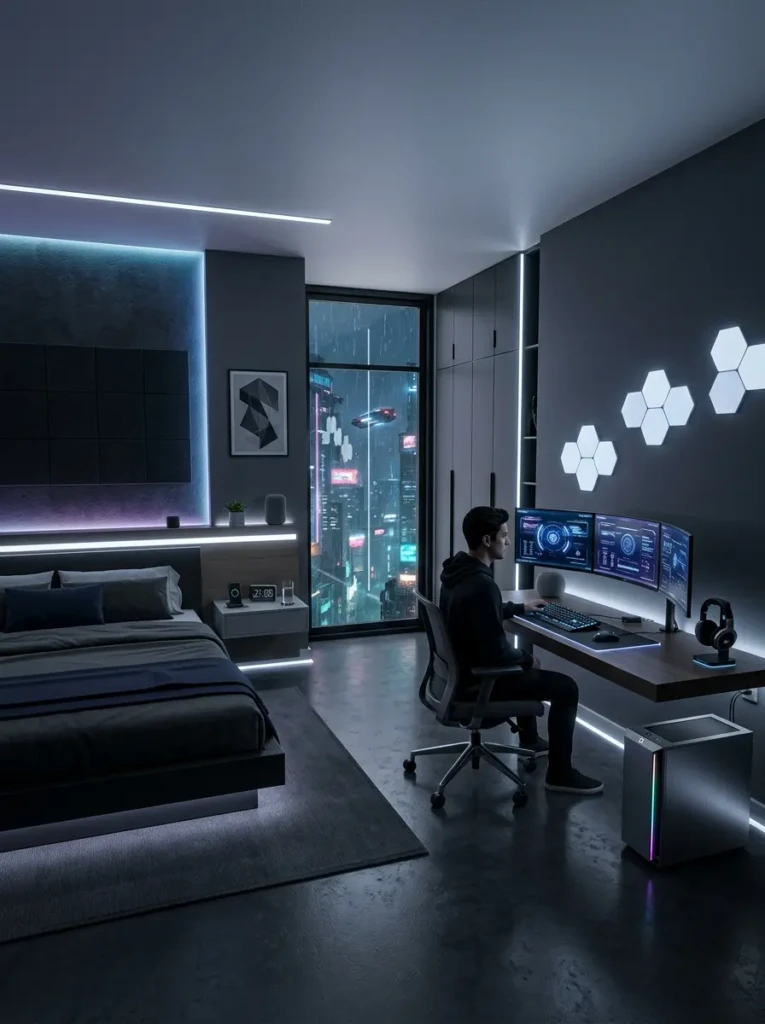 A futuristic bedroom with LED lights, sleek furniture, and smart technology creating a clean and modern space