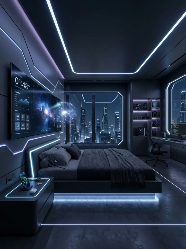 A sleek bedroom with LED light strips, modern furniture, and smart technology features creating a clean and futuristic atmosphere.