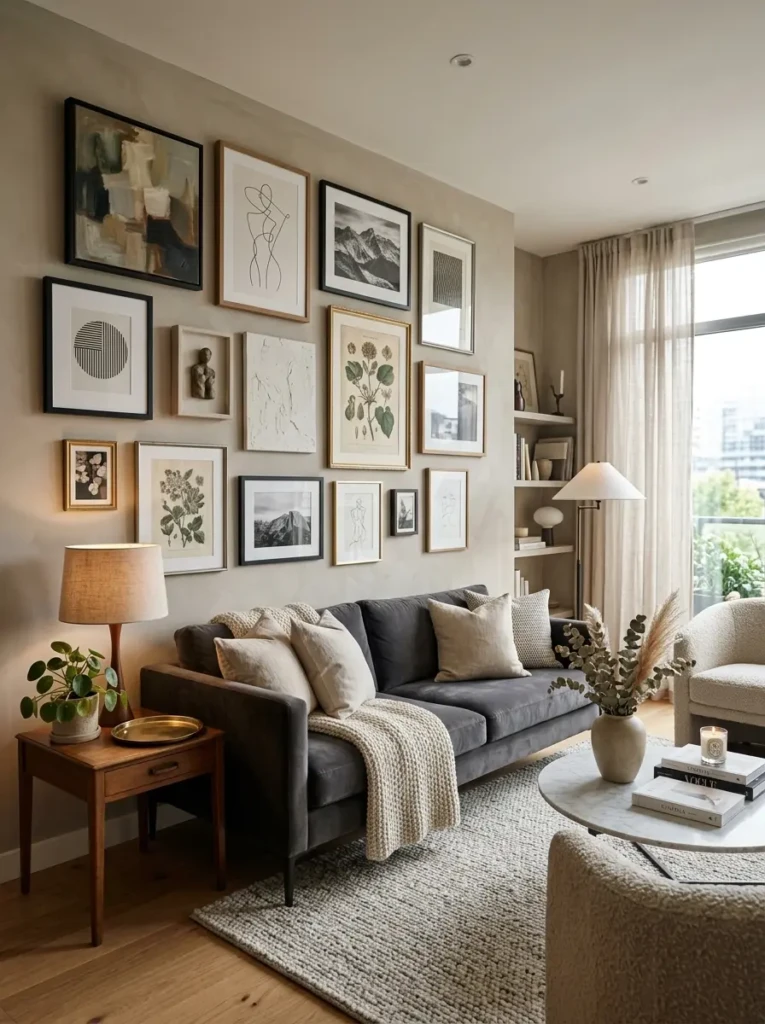 A living room wall decorated with a gallery of framed artwork adding personality and style to the space