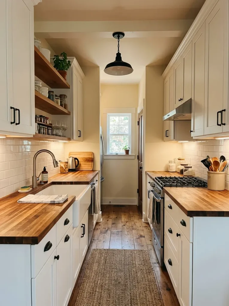 Narrow galley-style farmhouse kitchen with white cabinets, wood shelves, apron sink, and bright under-cabinet lighting.