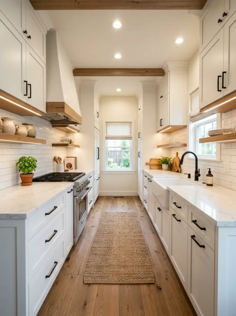 Narrow galley kitchen with white cabinets, wood shelving, and farmhouse-modern styling.