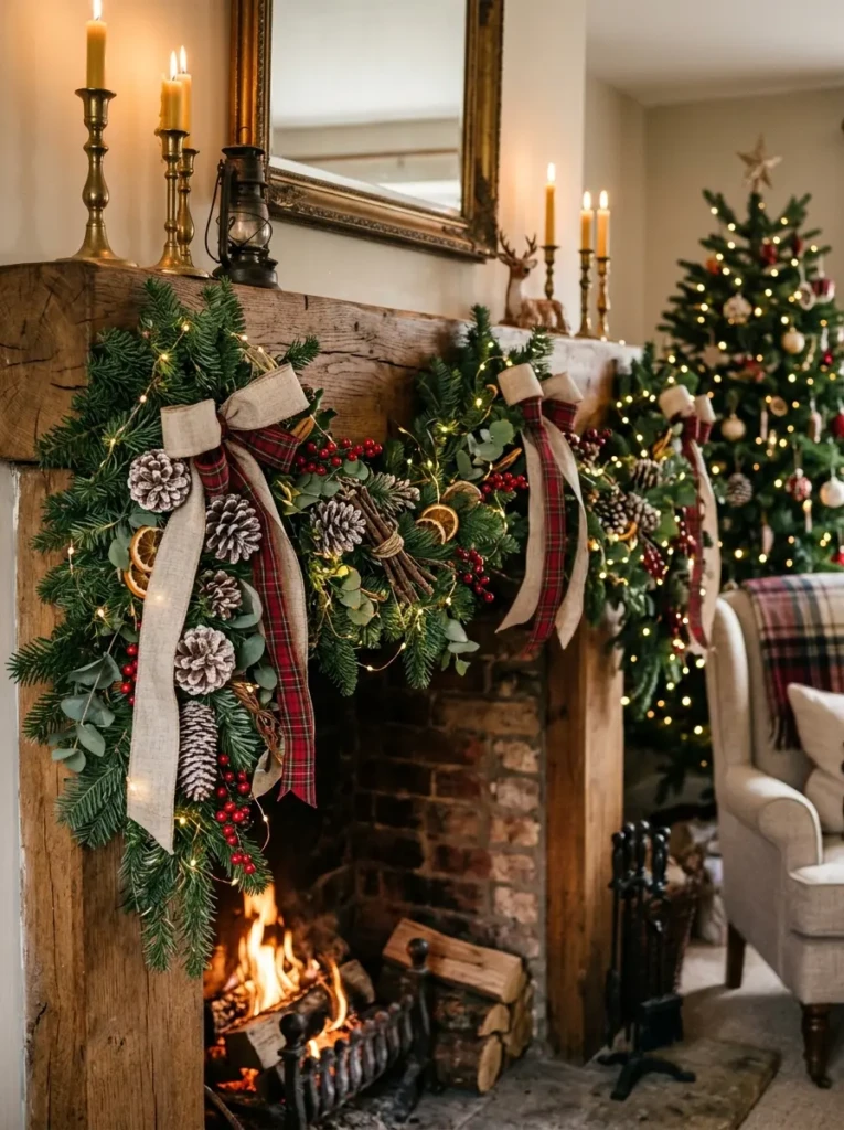 Close-up of garland decorated with pinecones, ribbons, and warm lights for a rustic holiday look