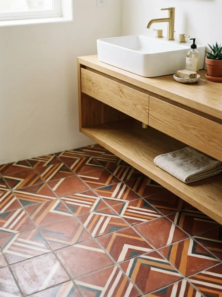 Close-up of terracotta geometric bathroom floor tiles beside a modern vanity.