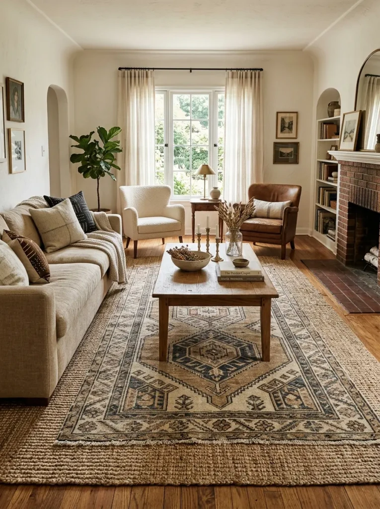 Multiple living room rug ideas including geometric, vintage, neutral, and layered styles.