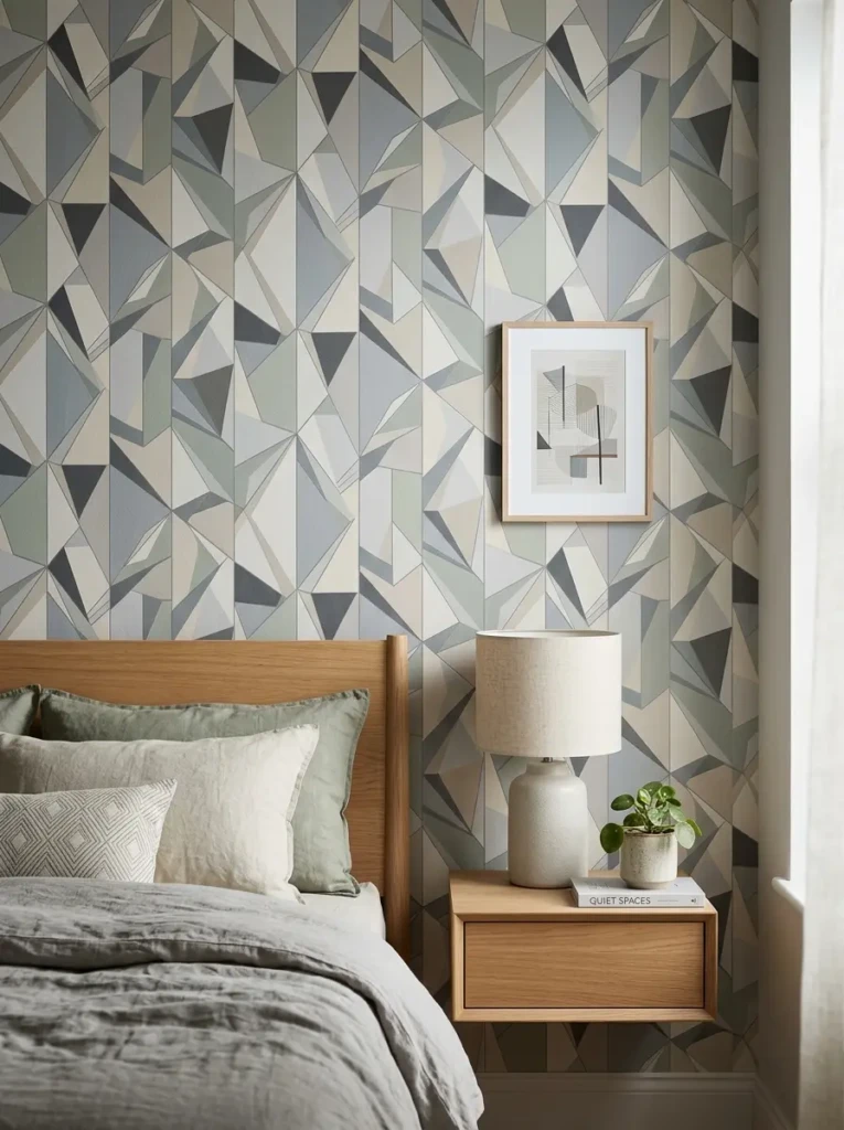 A detailed view of geometric wallpaper with soft colors in a modern bedroom setting