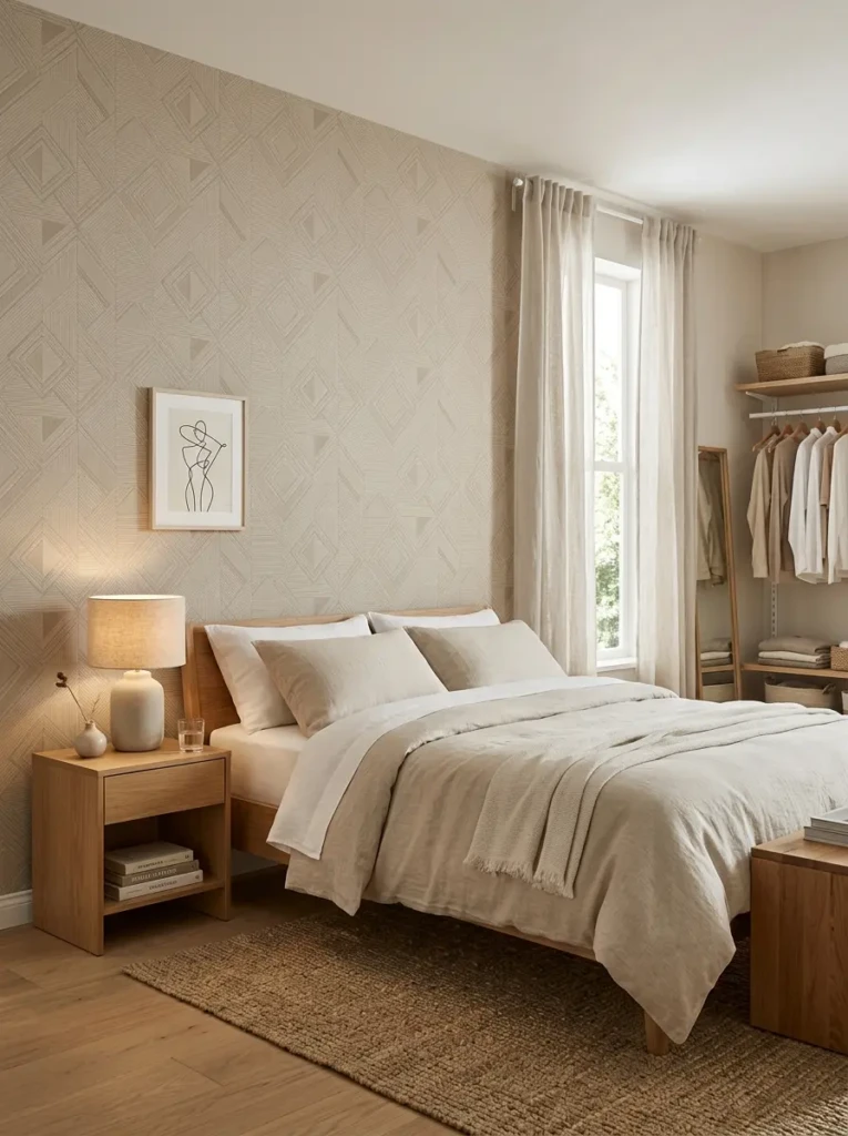 Beige geometric wallpaper with a modern minimalist bedroom layout