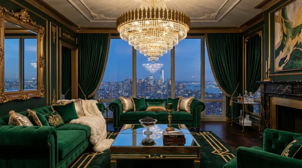 A glamorous living room with emerald velvet furniture, mirrored table, crystal lighting, silk curtains, and gold metallic accents.