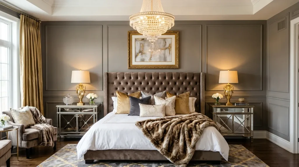 Glam bedroom with mirrored nightstands, gold lamps, velvet pillows, and tufted headboard.