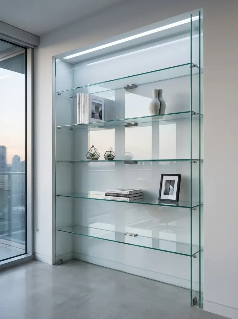 Close-up of transparent glass shelves and clean reflective surfaces.