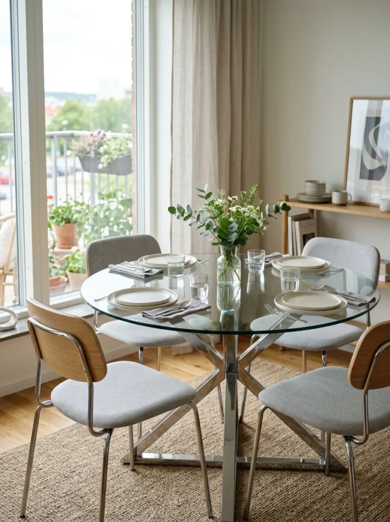 A small dining room featuring a glass-top table that keeps the space light, open, and modern.