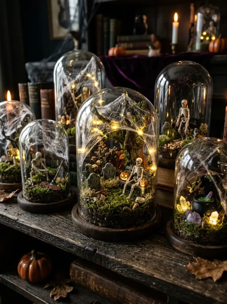 Glass terrariums with moss and tiny skeleton decorations forming a spooky and playful Halloween table centerpiece