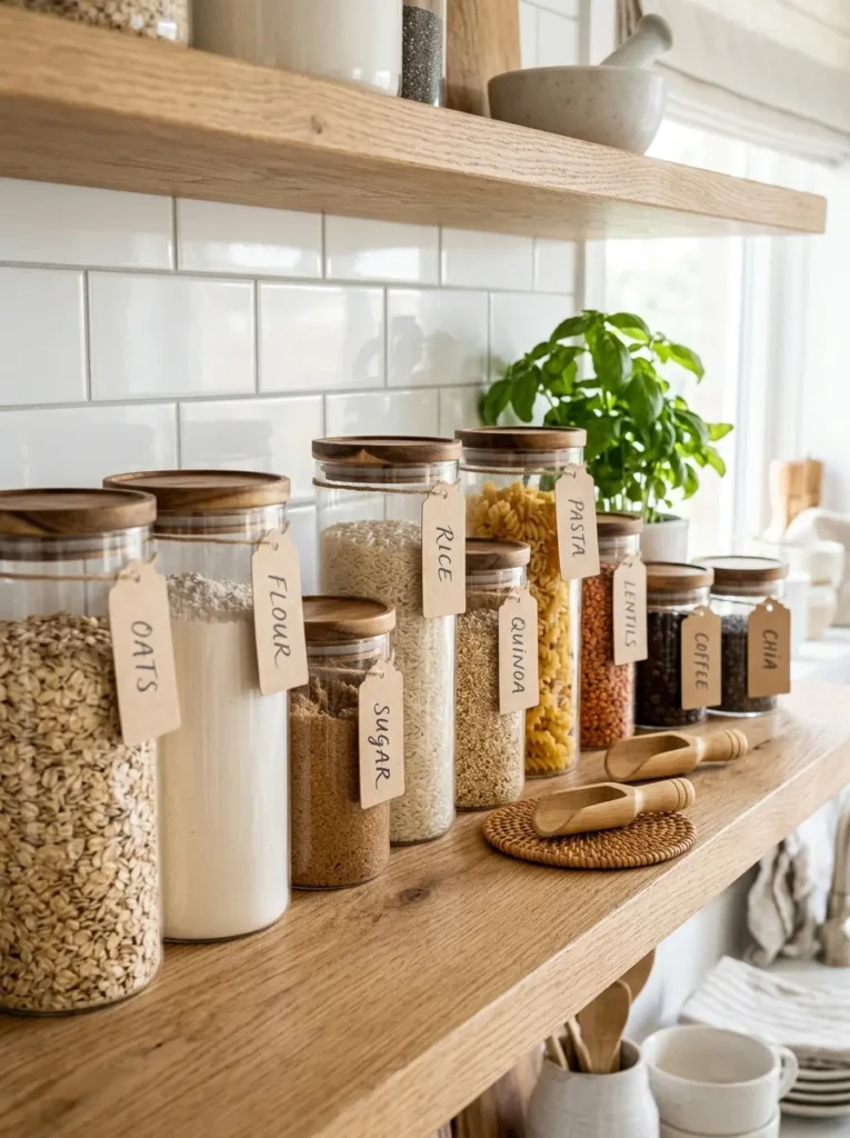 Floating kitchen shelves with varying glass jars, wooden lids, labels, and bamboo scoops in a clean organized pantry style.
