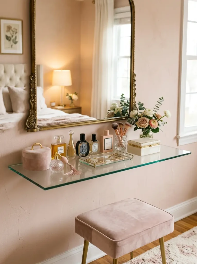 Glass floating shelf holding perfume bottles, mirror, and decorative boxes in blush tones.