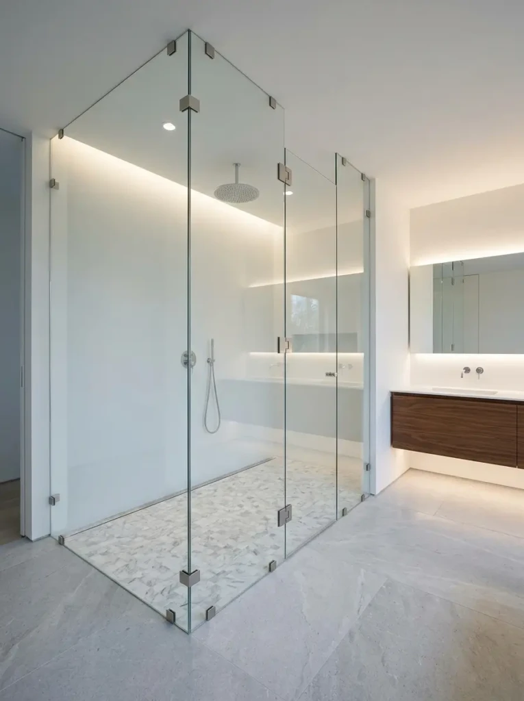 Different glass shower options including frameless, sliding, and frosted designs