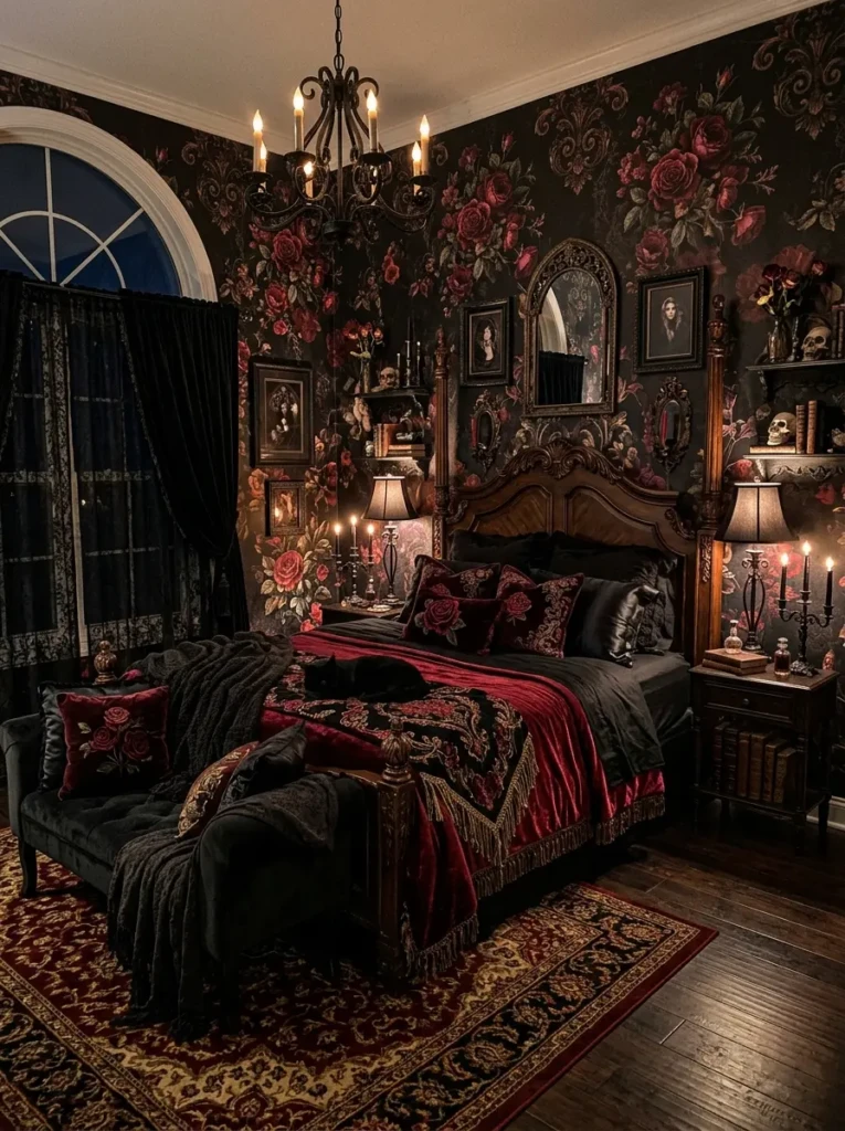 A cozy gothic bedroom with dark floral wallpaper and deep red rose patterns for a romantic touch.