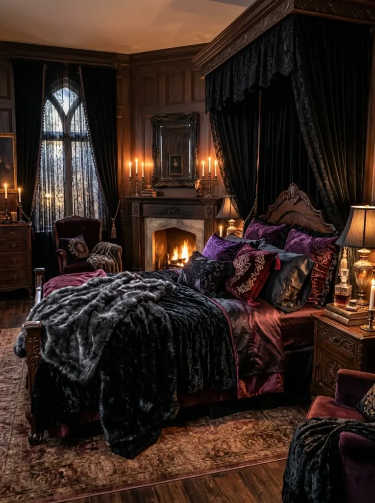 A warm gothic bedroom featuring velvet pillows, lace curtains, satin bedding, and layered cozy textures.