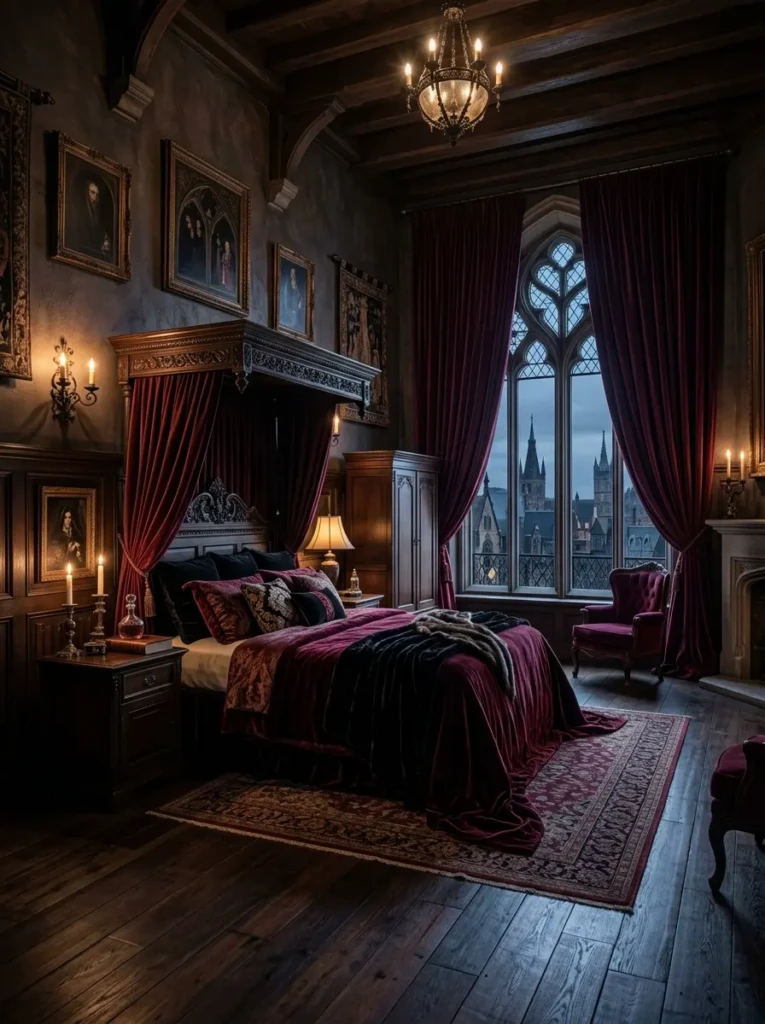 A dramatic gothic bedroom with long velvet curtains in dark tones creating a cozy and cinematic feel.