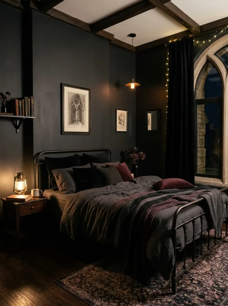A cozy gothic bedroom with deep charcoal walls, soft lighting, and an intimate, moody atmosphere.