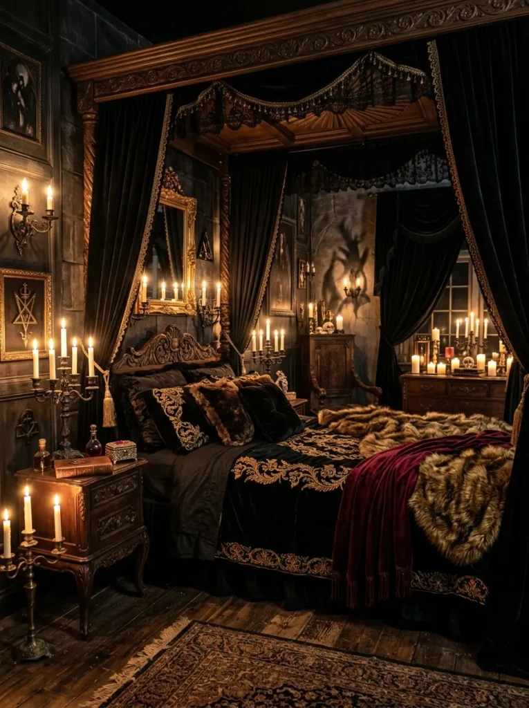A dark gothic bedroom illuminated by warm candlelight, creating a cozy and mysterious atmosphere.