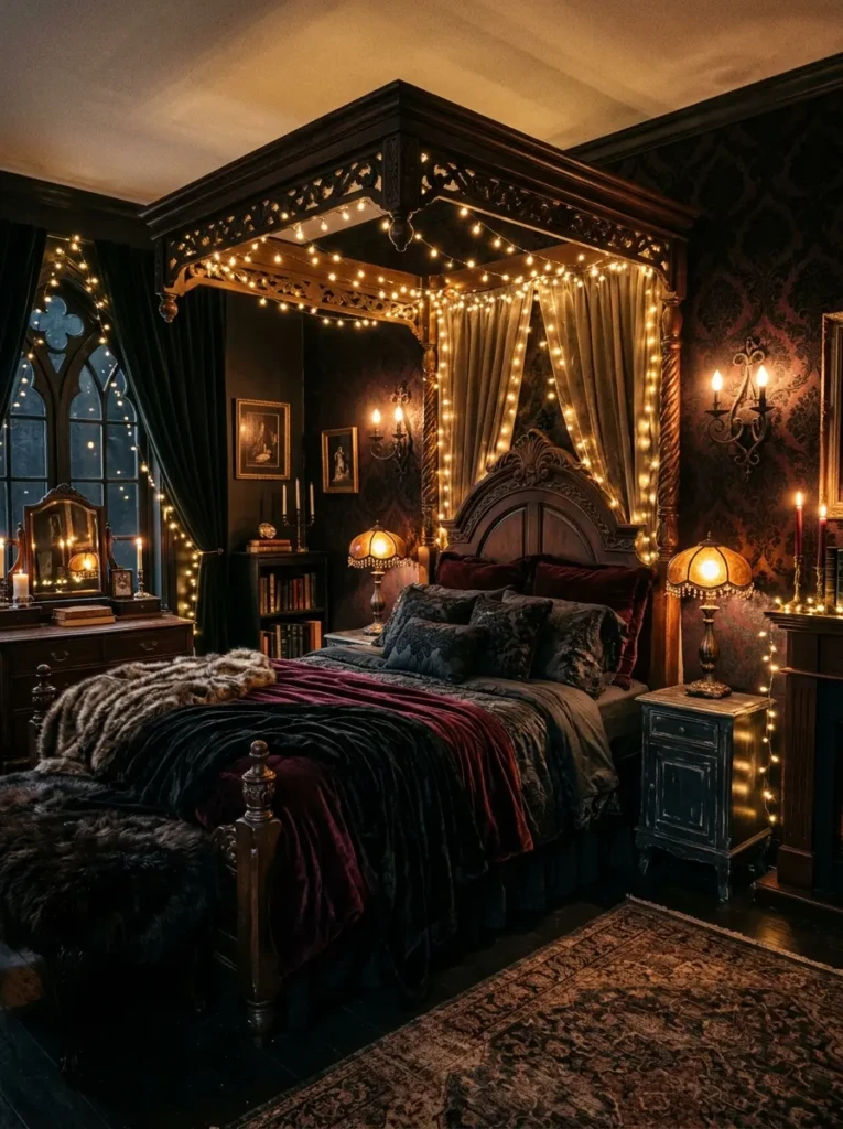 A gothic bedroom featuring layered lighting from lamps, sconces, and fairy lights for a soft glow.