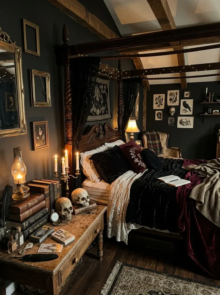 A cozy gothic bedroom with stacked books, vintage trinkets, candles, and mysterious personal touches.