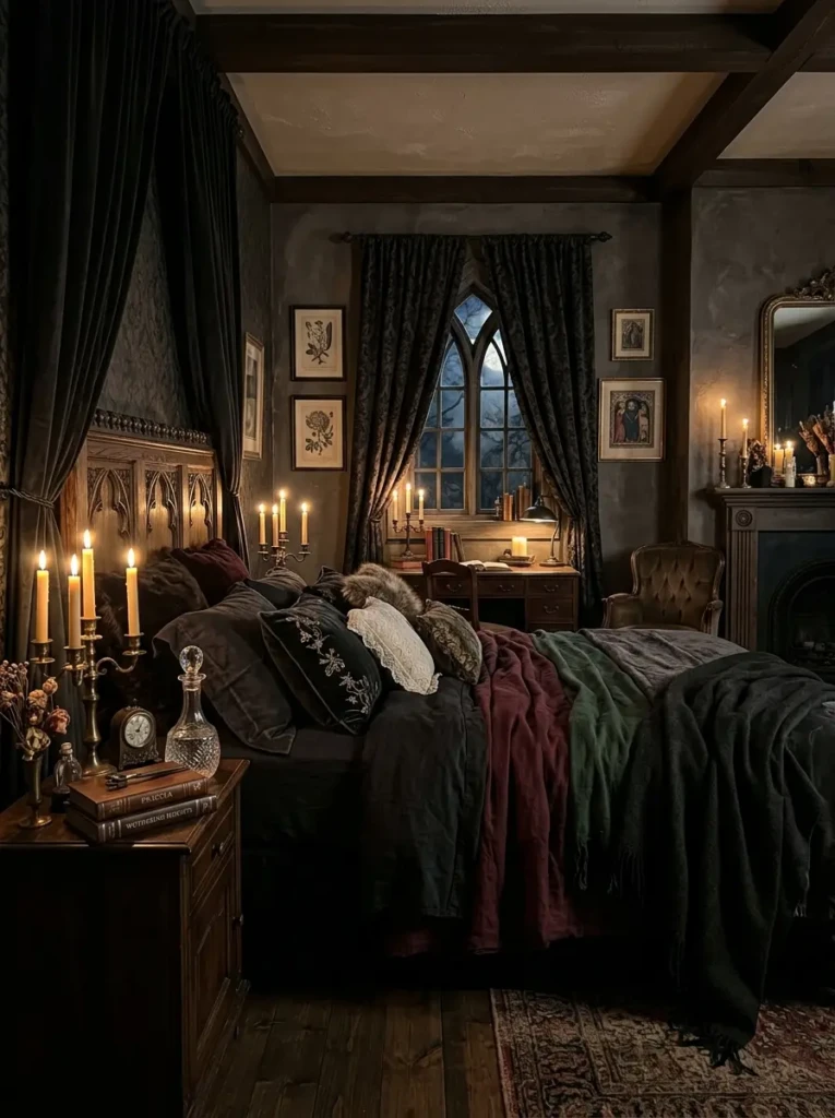 A dreamy gothic bedroom with dark bedding, candlelight, and cozy decor creating a warm and inviting atmosphere.