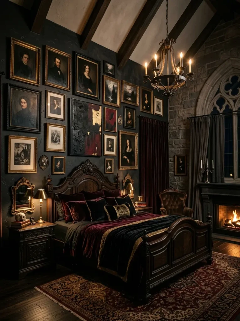 A gothic bedroom decorated with moody artwork, vintage portraits, and a dark gallery wall aesthetic.