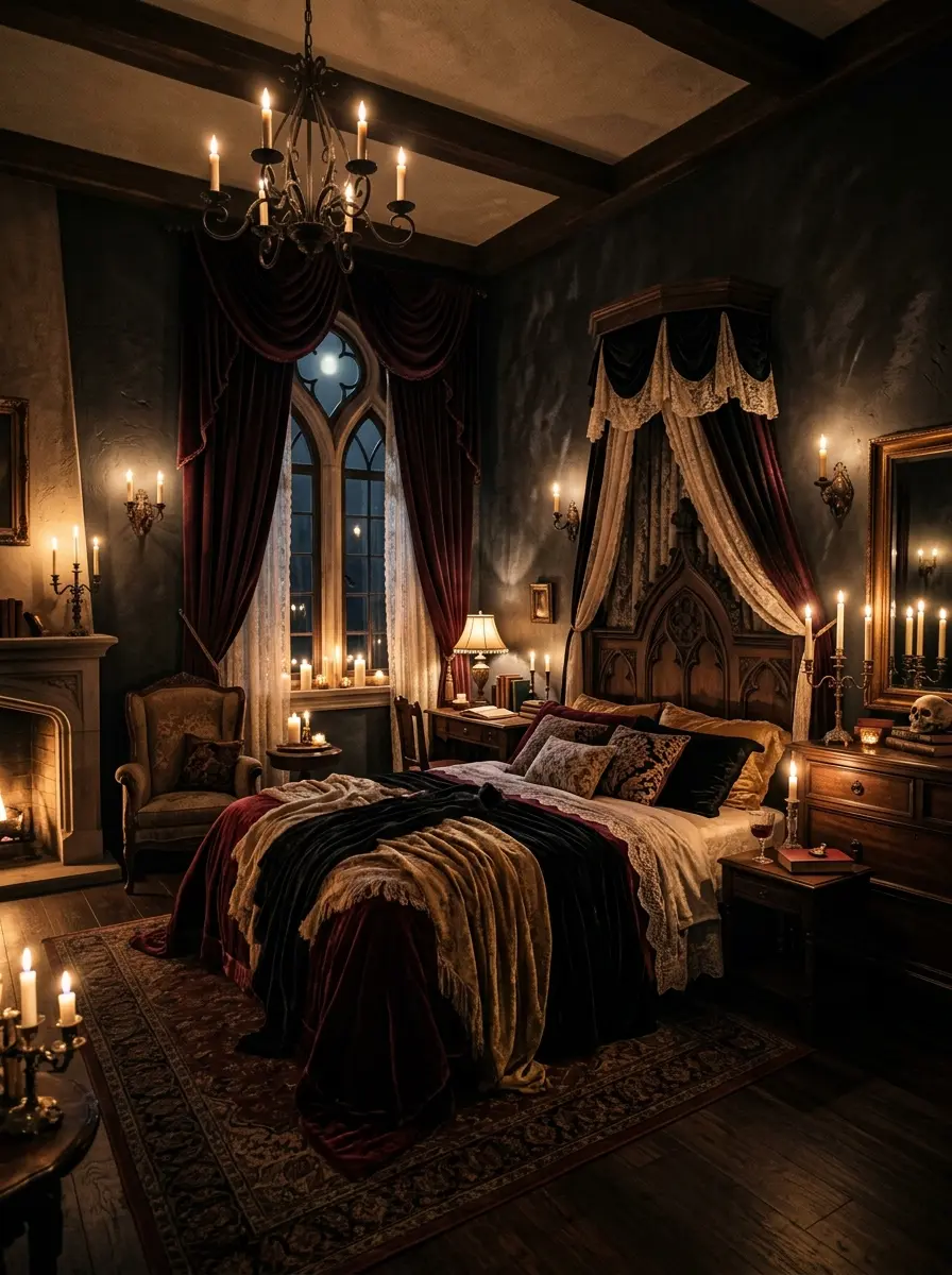 A cozy gothic bedroom with candlelight, velvet drapes, and dark walls creating a warm, dreamy, and inviting atmosphere.