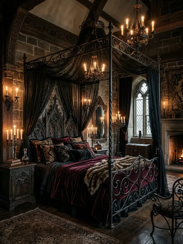 A gothic bedroom with an ornate wrought iron canopy bed and sheer dark drapes creating a dramatic focal point.