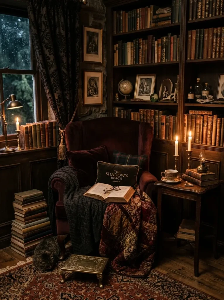 A small gothic reading corner with a velvet armchair, soft blankets, candlelight, and stacked books.