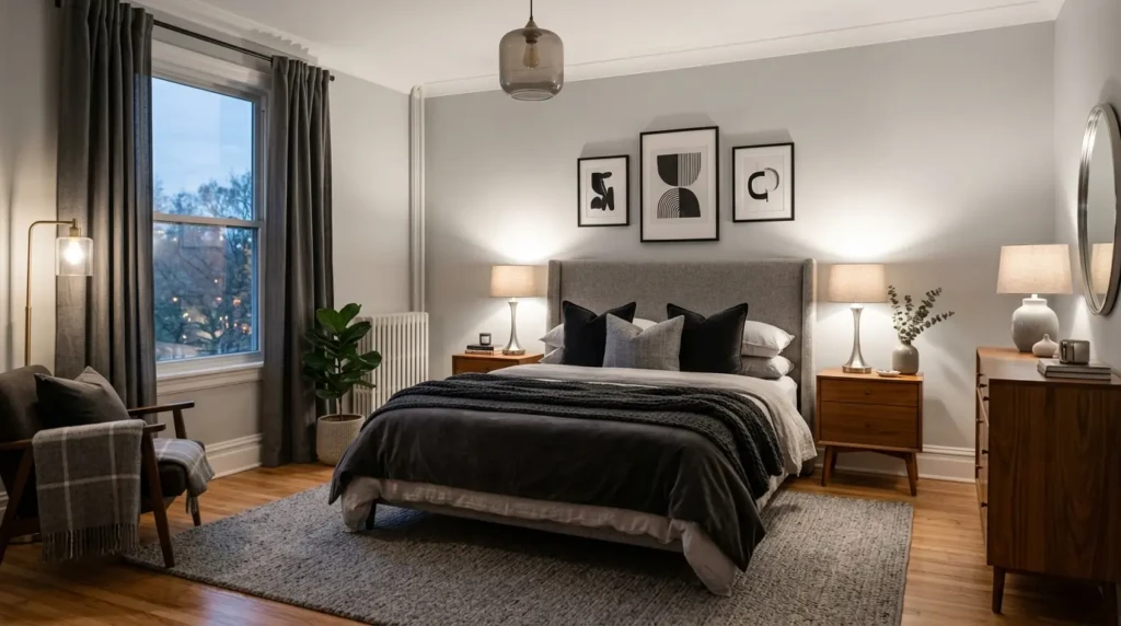 Gray bedroom with charcoal cushions, silver lamps, wooden furniture, and layered textures.