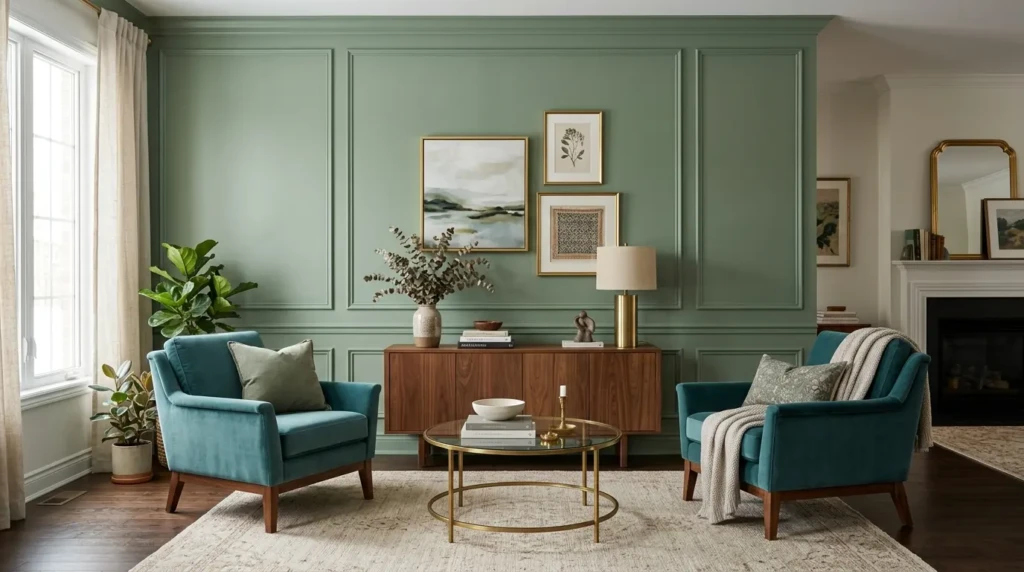 Muted green accent wall living room with teal upholstered chairs, walnut console, neutral rug, and brass-framed artwork.