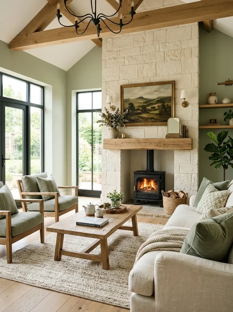 Elegant green modern farmhouse living room with balanced sage, cream, and oak tones, layered textiles, and a bright fireplace focal point.