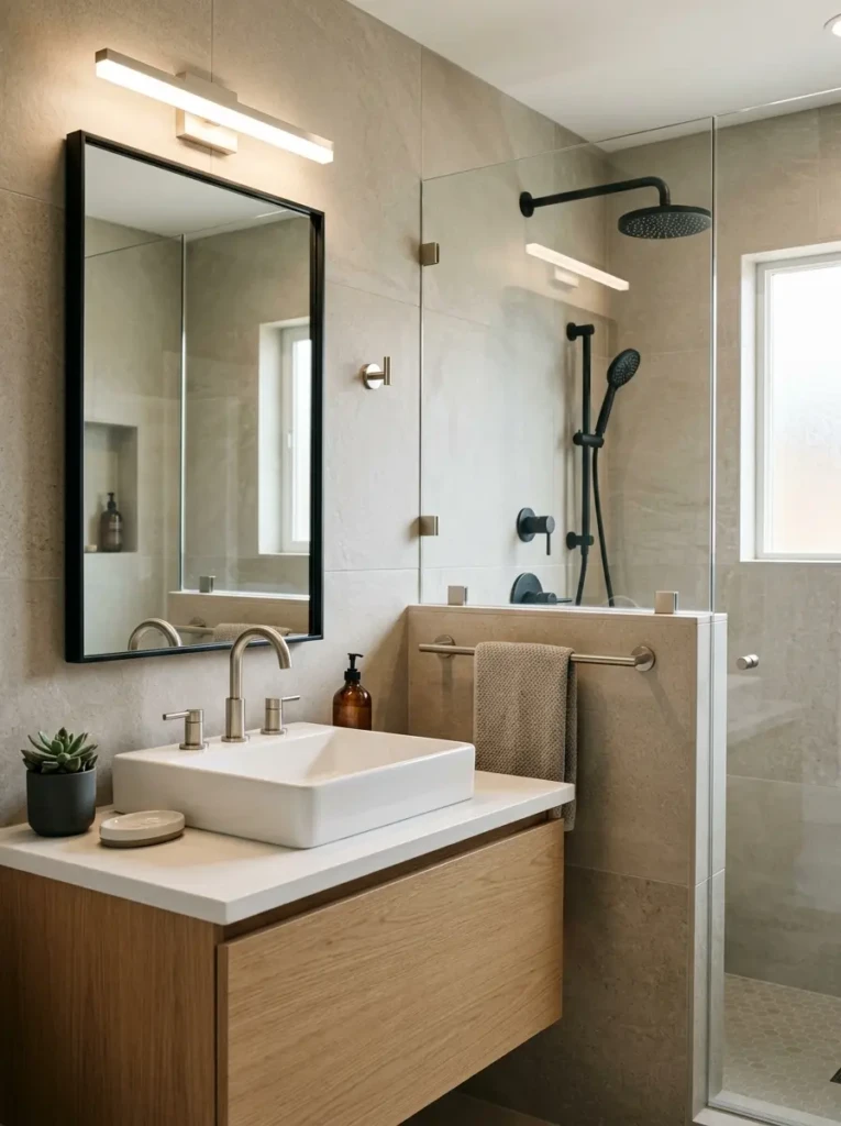 Greige bathroom featuring matte black and brushed nickel fixtures for subtle contrast.