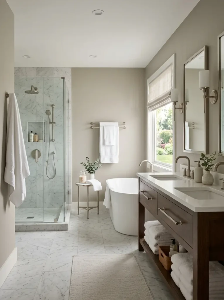 Greige bathroom walls styled with white towels, brushed nickel hardware, and marble flooring.