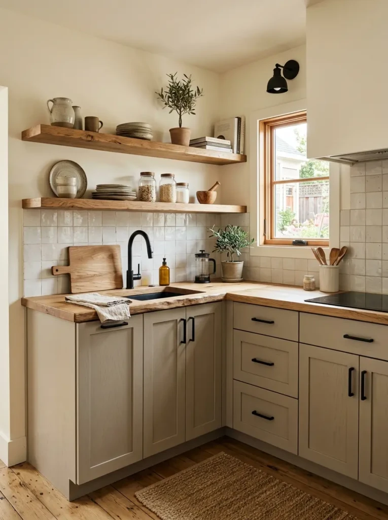Soft greige lower cabinets paired with wood shelves and matte black hardware in a stylish compact kitchen.
