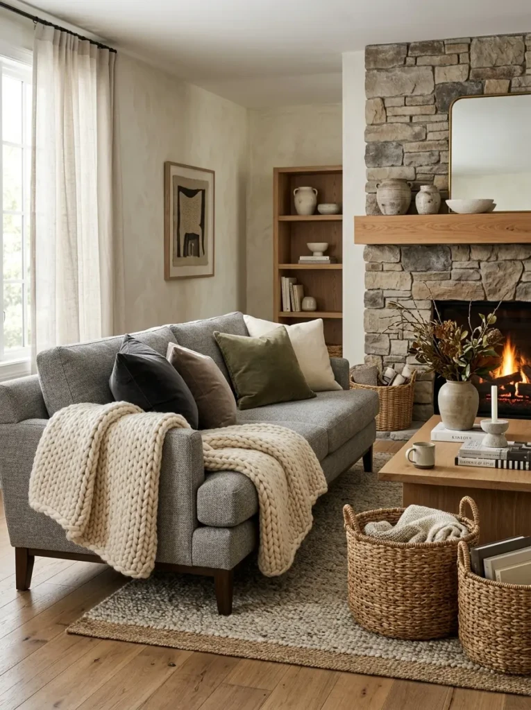 Grey couch decorated with velvet pillows, knit throw blankets, woven baskets, and ceramic accents.