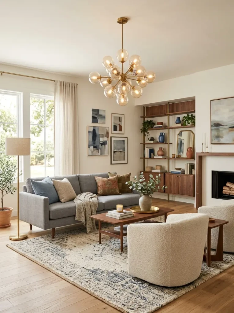 Balanced grey couch living room with layered textures, wood furniture, statement light, and cozy accents.